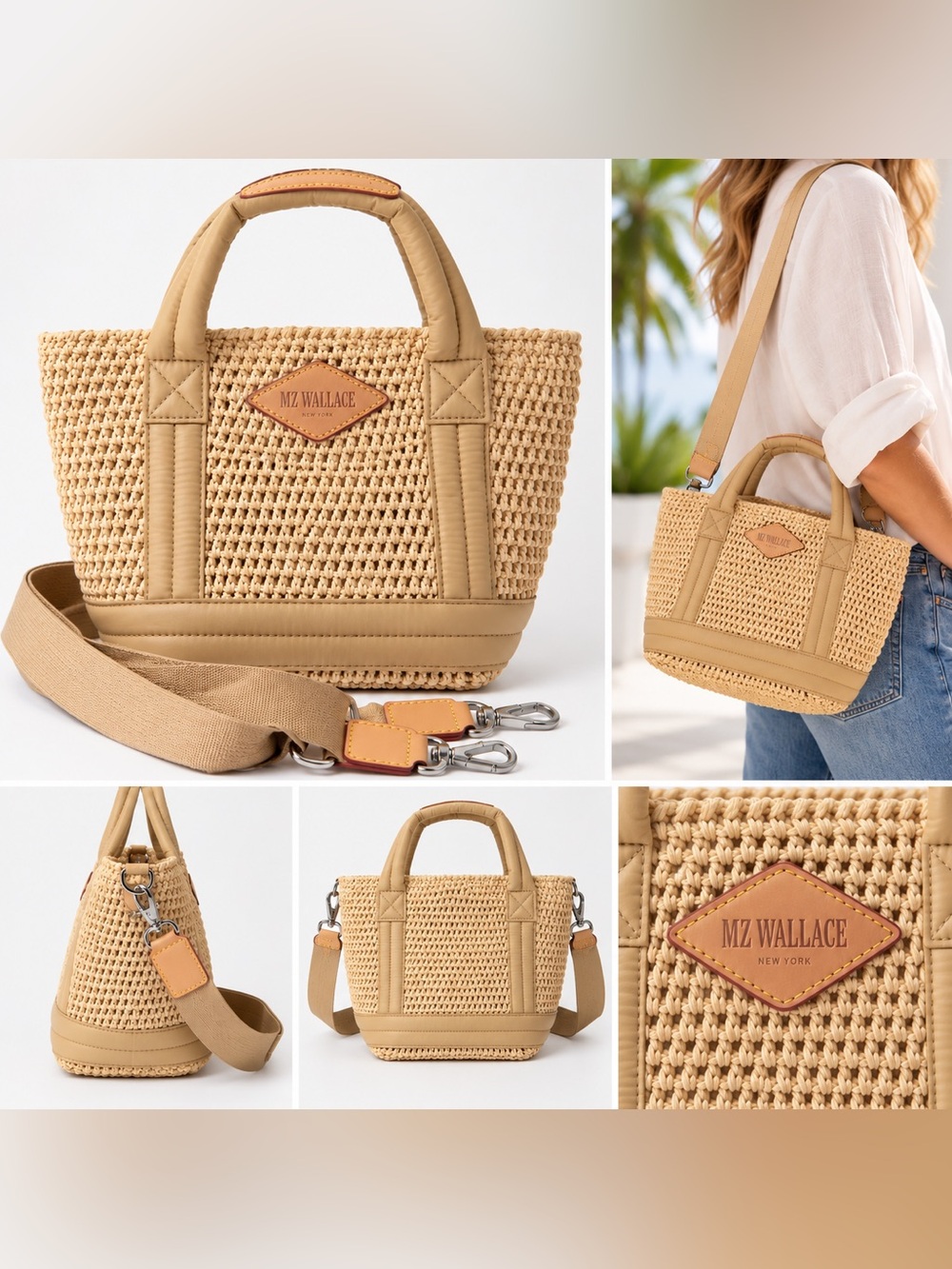 MZ Wallace Mini Raffia Tote Camel Woven Crossbody Bag Leather Trim